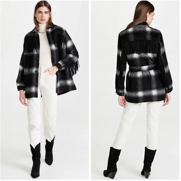 New Mother Fringe Plaid Flannel Coat Shirt Jacket Shacket Western Boho XS